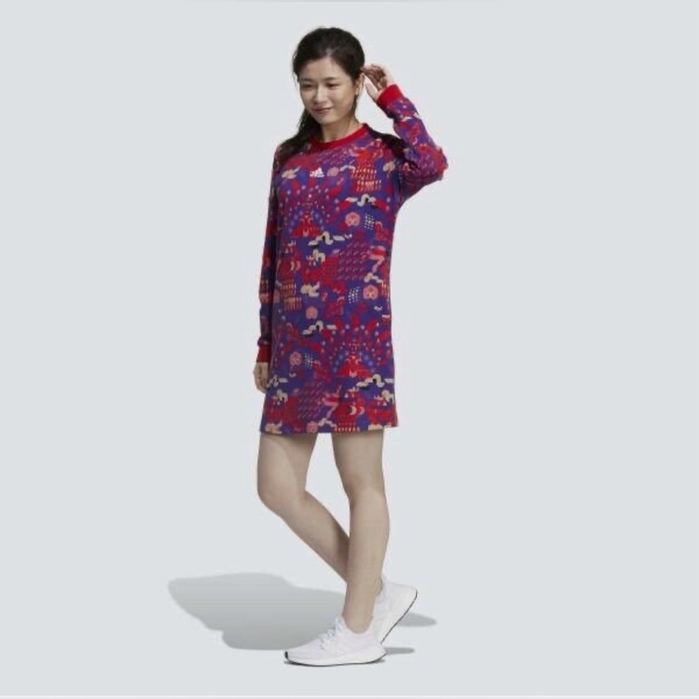 Adidas Women Red geometric ALLOVER PRINT Chinese New Year Shirt Dress Medium